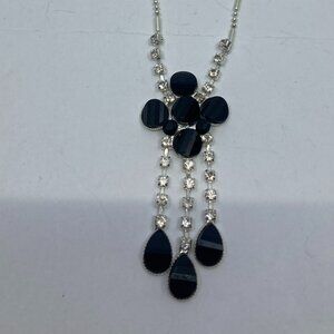 Vtg black clear rhinestone crystal silver tone necklace